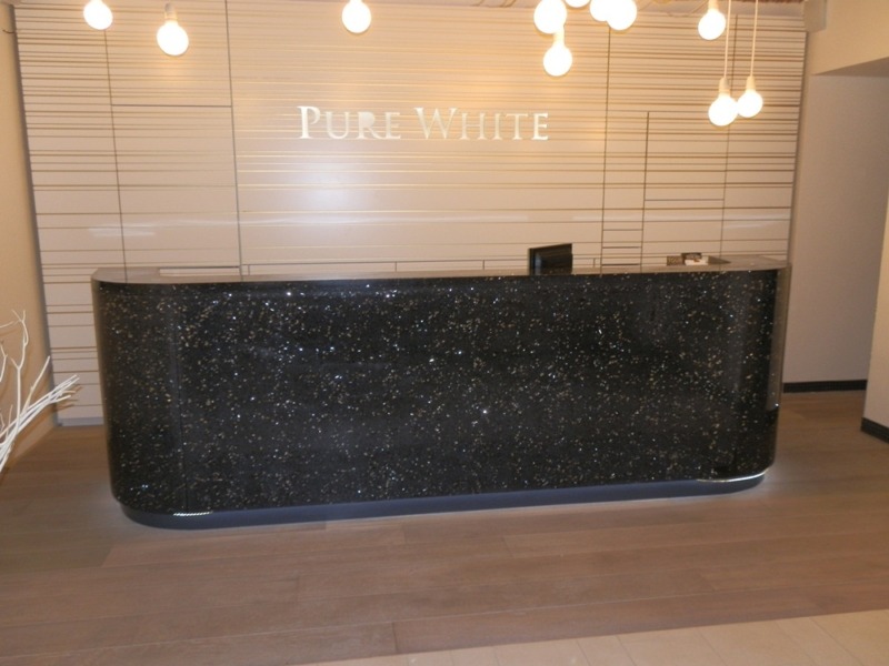 Reception in the Pure White hotel was made from a crushed concrete, filled by a mirror crushed material of 40%.
