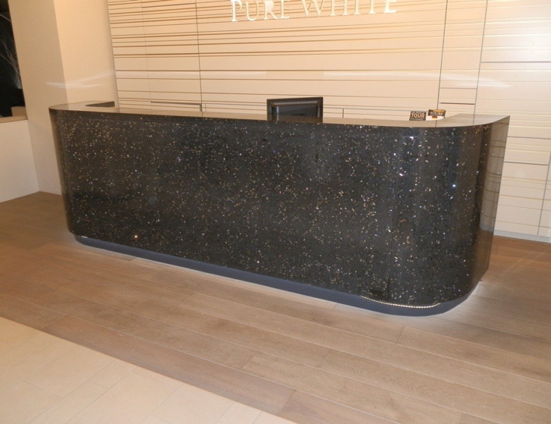 Reception in the Pure White hotel was made from a crushed concrete, filled by a mirror crushed material of 40%.