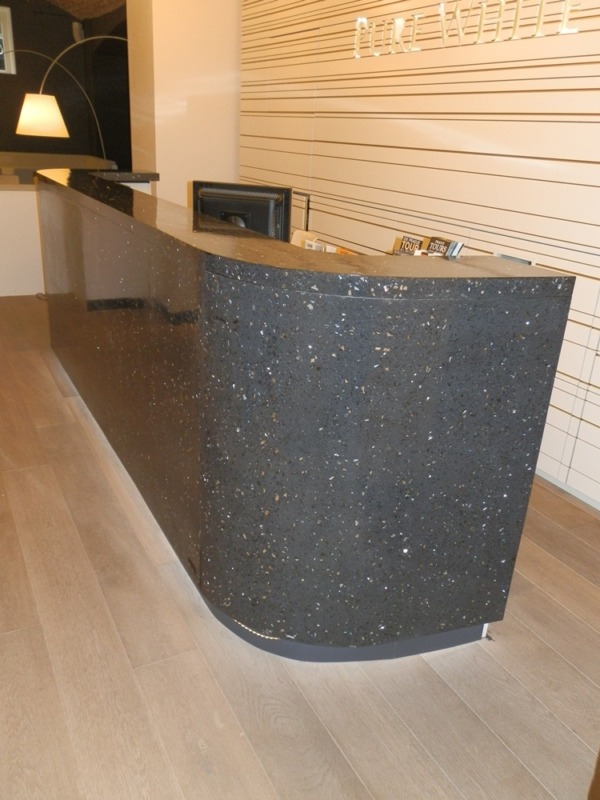 Reception in the Pure White hotel was made from a crushed concrete, filled by a mirror crushed material of 40%.