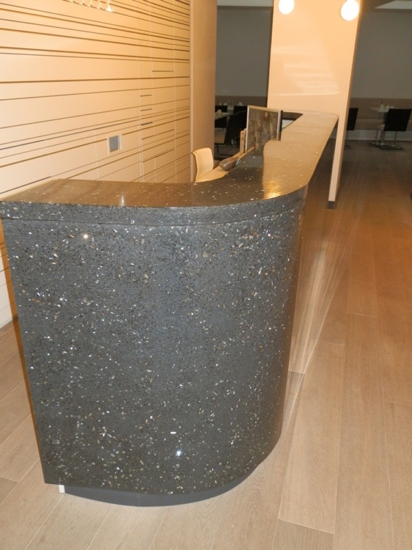 Reception in the Pure White hotel was made from a crushed concrete, filled by a mirror crushed material of 40%.