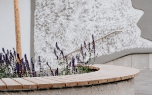 Detail dřevěného sedáku a výsadby na betonovém květináči před budovou ve Šlapanicích.