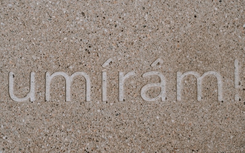 Detail slova umírám! vyrytého do vymývaného pohledového betonu.